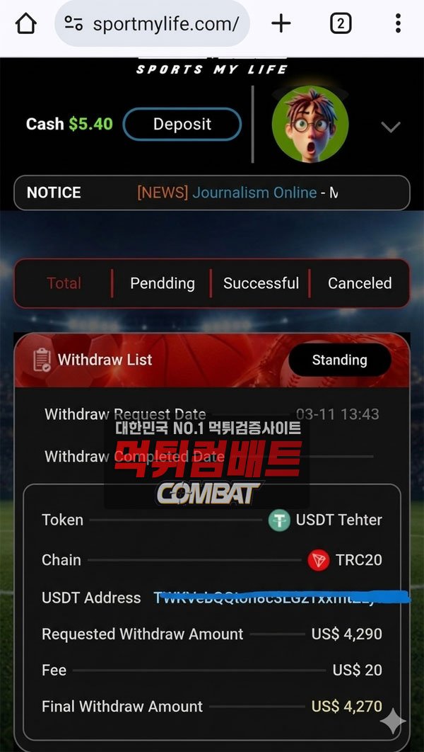 스포츠마이라이프 테더 결제 내역 화면