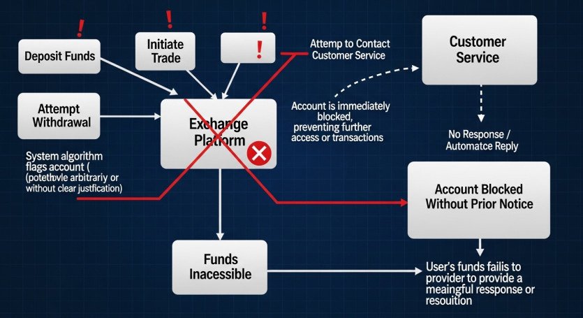 환전 전 계정 차단 및 고객센터 무대응 패턴의 비윤리적 운영 메커니즘 분석 계통도