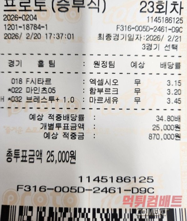 2월21일 프로토 축구 배팅