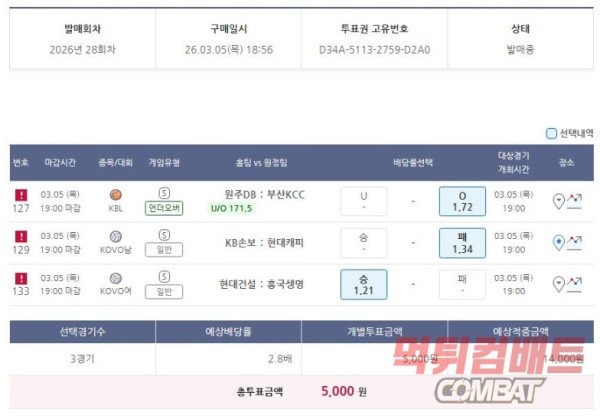 3월5일 국농, 남녀 배구 2경기 배팅