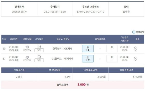 남녀 배구, 해축 4경기 공유 벳 2장 적중